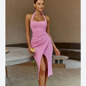 NWT Selfie Leslie Remember This Halterneck Gathered Pleat Dress Pink Large